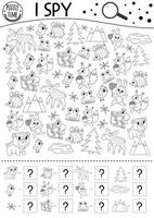 Forest I spy black and white game for kids. Searching and counting outline activity or coloring page with woodland animals and nature elements. Funny printable worksheet for kids with birds, insects. vector