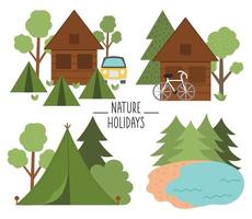 Summer camp scenes set with house, lake, tent, van, forest. Vector campfire illustration. Active holidays or local tourism woodland landscape design pack for postcards, prints, infographics.