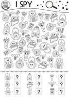 Camping I spy black and white game for kids. Searching and counting outline activity or coloring page with summer camp equipment. Funny printable worksheet with smiling kawaii objects. vector