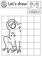 Complete the frog picture. Vector forest drawing practice worksheet. Printable black and white activity for preschool children with animal. Copy the picture garden woodland themed game for kids