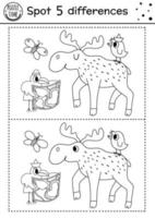 Forest find differences game for children. Black and white educational activity and coloring page with moose and birds. Summer camp or woodland printable worksheet with cute animals. vector