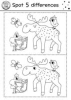 Juego de encontrar diferencias en el bosque para niños. actividad educativa en blanco y negro y página para colorear con alces y pájaros. campamento de verano o hoja de trabajo imprimible en el bosque con lindos animales. vector