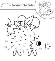 Vector forest dot-to-dot and color activity with cute hedgehog carrying mushrooms and apple. Summer or autumn connect the dots game for children with cute animal. Funny adorable coloring page