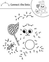 Vector forest dot-to-dot and color activity with cute hare catching butterfly with a net. Summer connect the dots game for children with rabbit. Funny adorable coloring page for kids.