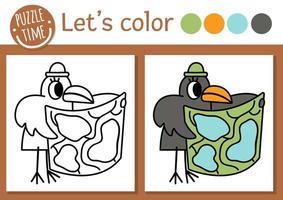 Forest coloring page for children. Funny raven with map. Vector nature outline illustration with cute woodland bird. Adorable summer color book for kids with colored example