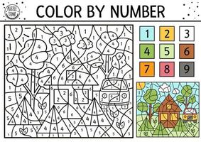 Vector camping color by number activity with trees, van, country house, tents. Summer road trip coloring and counting game. Funny coloration page for kids with nature scenery or camp place
