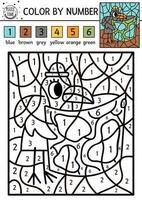 Vector forest color by number activity with raven looking in the map. Summer road trip coloring and counting game with comic woodland bird. Funny coloration page for kids with nature scene.