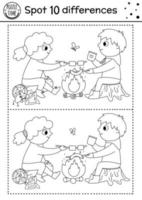 Camping find differences game for children. Black and white educational activity and coloring page with children sitting in front of the fire. Summer camp or road trip printable worksheet vector