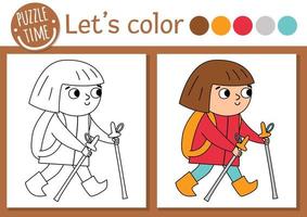 Camping coloring page for children. Funny hiking girl with backpack. Vector nature outline illustration with cute trekking kid. Adorable summer color book for kids with colored example