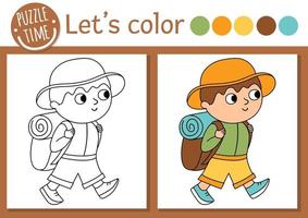 Camping coloring page for children. Funny hiking boy with backpack. Vector nature outline illustration with cute trekking kid. Adorable summer color book for kids with colored example