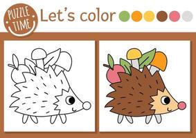 Forest coloring page for children. Funny hedgehog carrying apple and mushrooms. Vector outline illustration with cute woodland animal. Summer color book for kids with colored example