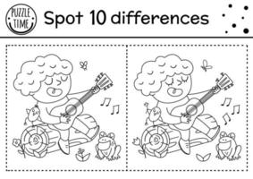 Camping find differences game for children. Black and white educational activity and coloring page with boy sitting on a log and playing guitar. Summer camp or road trip printable worksheet vector