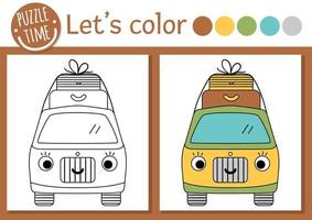 Camping coloring page for children. Funny kawaii van with suitcases. Vector nature outline illustration with cute road trip camper. Adorable summer color book for kids with car and colored example