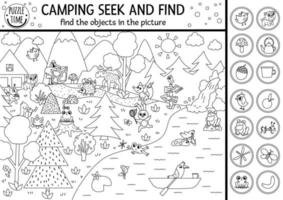 Vector black and white camping searching game or coloring page with cute animals in the forest. Spot hidden objects. Simple seek and find s outline summer camp or woodland printable activity