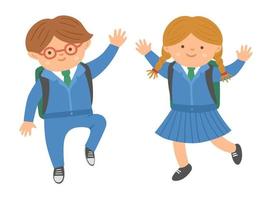 Vector cute happy schoolchildren jumping with joy with hands up. Back to school character illustration. Funny kids in uniform with schoolbags isolated on white background.