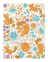 Vector ornate background with cute woodland animals, leaves, flowers, insects. Funny forest scene with foxes. vertical illustration for children. Picture book, hide and seek activity game for kids