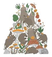 Vector ornate background with cute woodland animals, leaves, flowers, insects. Funny forest scene with boars. vertical illustration for children. Picture book, hide and seek activity game for kids