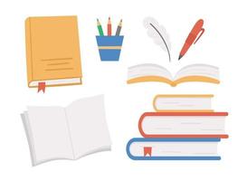 conjunto de libros vectoriales. imágenes prediseñadas educativas de regreso a la escuela. linda ilustración de estilo plano con cuadernos abiertos, pilas de libros, lápices, plumas. concepto de aprendizaje o educación vector