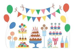 Vector candy bar. Cute bright birthday meal with cake, candles, cupcakes, cake pops, jelly beans, flags. Funny dessert illustration for card, poster, print design. Bright holiday concept for kids