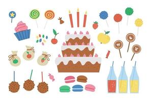 juego de postres de cumpleaños vectoriales. lindo paquete de imágenes prediseñadas de b-day con pastel, velas, cupcakes, cake pops, gominolas. ilustración de dulces divertidos para tarjeta, póster, diseño de impresión. brillante concepto de vacaciones para niños. vector