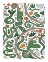 Vector ornate background with cute woodland animals, leaves, flowers, insects. Funny forest scene with snakes. vertical illustration for children. Picture book, hide and seek activity game for kids