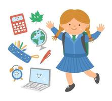 Cute happy jumping schoolgirl with flat style kawaii classroom objects. Back to school vector set of smiling elements with pupil in uniform. Educational illustration for kids.