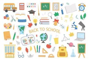 Back to school vector set of elements. Big educational clipart collection. Cute flat style classroom objects with supplies, school building, bus, subject icons, books, stationery.