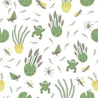 Vector seamless pattern with river or marsh elements. Cute repeat background with frog, reeds, water insects. Sweet ornament for children design.