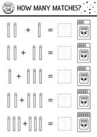 How many matches black and white game with cute match in the box. Summer math addition outline activity or coloring page. Printable simple counting worksheet with kawaii object vector