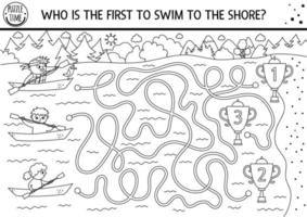 Black and white summer camp maze for children. Active holidays outline preschool printable activity. Nature trip or competition labyrinth coloring page with cute swimming or kayaking kids. vector