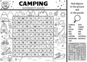 rompecabezas de búsqueda de palabras de camping en blanco y negro vectorial. bosque simple campamento de verano esbozar crucigrama o página para colorear. actividad educativa de palabras clave con niños pescando, haciendo senderismo, tocando la guitarra vector