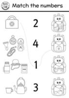 Match the numbers black and white game with kawaii backpack and camping equipment. Summer camp math outline activity with lantern, compass. Printable counting worksheet or coloring page vector