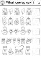 What comes next. Summer camp black and white matching activity with kawaii camping equipment. Funny outline puzzle. Logical worksheet. Continue the row game or coloring page. vector