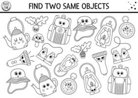 Find two same objects. Camping black and white matching activity for children. Outline worksheet or coloring page with kawaii backpack, compass, lantern. Simple printable summer camp game vector