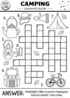 Vector black and white camping crossword puzzle for kids. Simple Summer camp outline quiz with forest equipment. Activity with lantern, tent, backpack. Road trip cross word or coloring page.