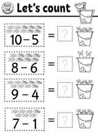 How many fish game with cute fishes in the bucket with water. Summer math subtraction activity for preschool children. Printable simple counting worksheet for kids with seagull vector