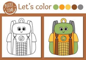 Camping coloring page for children. Funny kawaii backpack. Vector nature outline illustration with cute road trip bag. Adorable summer color book for kids with colored example