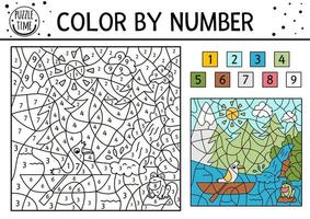 Vector forest color by number activity with trees, mountains, river waterfall and bird in a boat. Summer road trip coloring and counting game. Funny coloration page for kids with nature scene.
