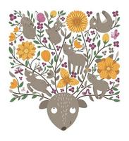 Vector ornate background with cute woodland animals, leaves, flowers, insects. Funny forest scene with deer. vertical illustration for children. Picture book, hide and seek activity game for kids