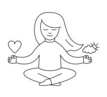 Vector girl sitting in relaxed pose with waving hair, holding heart in one hand and sun and cloud in the other hand. Meditation line icon. Eternal harmony concept. Feeling control contour drawing