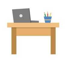 Vector writing desk with laptop and glass with pencils. Job or working place illustration. Back to school or business concept on white background.