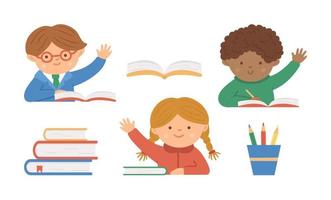 Vector set of cute happy schoolchildren with hand up and books. Elementary school classroom illustration. Clever kids at the lesson ready to answer teacher question on white background.