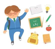 Cute happy jumping schoolboy with flat style kawaii classroom objects. Back to school vector set of smiling elements with pupil in uniform. Educational illustration for kids.