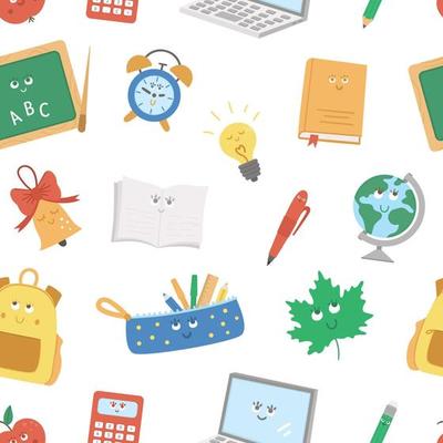 Back to school kawaii vector seamless pattern. Educational digital paper with cute flat style smiling objects.  Funny schoolbag, pencil, alarm, bell, apple repeating background for kids.