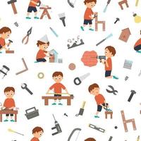 Vector seamless pattern with boys doing carpenter, building or wood work and tools. Flat funny kid character repeating background. Craft lesson digital paper