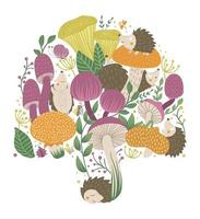 Vector ornate background with cute woodland animals, mushrooms, leaves, insects. Funny forest scene with hedgehogs. vertical illustration for children. Picture book, hide and seek activity game