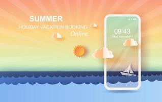 3D Paper art of seascape view with a floating sailing boat in the clear sunset beautiful sky background.summertime season landscape with sea wave surface.Mobile holiday booking online vector. vector