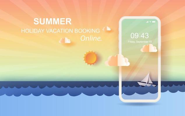 3D Paper art of seascape view with a floating sailing boat in the clear sunset beautiful sky background.summertime season landscape with sea wave surface.Mobile holiday booking online vector.
