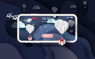 3D Paper art of white balloons gift  floating on Abstract Curve shape blue night background,Merry christmas landscape winter season of mobile shopping online  place for your love text space vector.