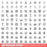 100 holiday icons set, outline style vector